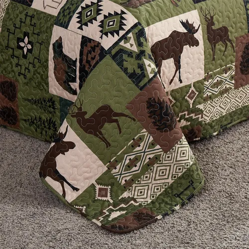 Miniatura 6 de Ycosy Juego de Edredón Rústico Lodge con Alce Ciervo Colcha Tamaño King Oso del Bosque Ciervo Edredón Verde Matcha Reversible Cubrecamas de Cabaña