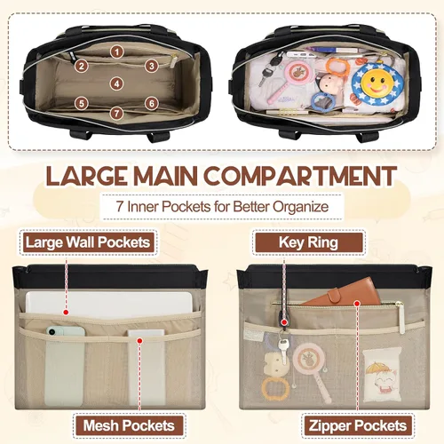 Miniatura 4 de RAINSMORE Bolsa de pañales, bolsa grande para pañales impermeable, bolsa de pañales multifunción con estuche para chupete y cambiador Negro