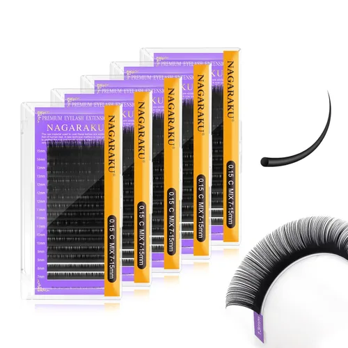 Miniatura 85 de NAGARAKU Extensiones de pestañas, pestañas individuales, 0.05mm, rizo D, 15mm, clásico, negro mate, suave, natural, profesional, 16 filas, 0.05-D