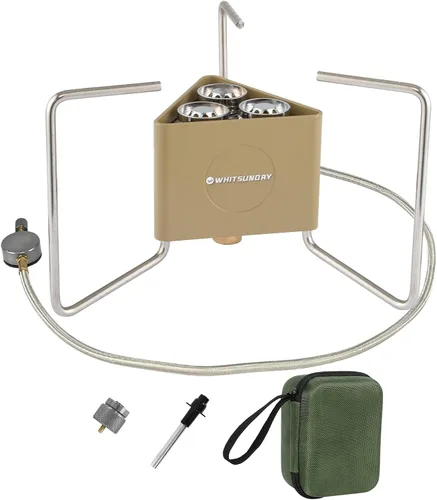 Miniatura 8 de Whitsunday Estufa de camping de 6800 W, 3 quemadores, resistente al viento, portátil, con adaptador de recipiente de combustible, encendido