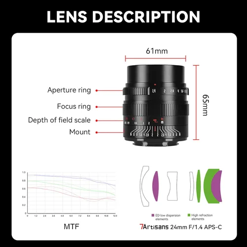 Miniatura 7 de 7artisans Lente manual F1.4 APS-C de 0.945 in con apertura grande compatible con cámaras sin espejo Fujifilm FX Mount X-A1 X-A10 X-A2 X-A3 A-at X-M1