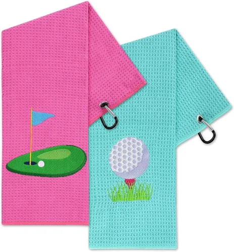 Vansolinne Toallas de golf para bolsas, patrón de gofres de microfibra, rosa y azul, regalos divertidos para fanáticos del golf, juego de 2