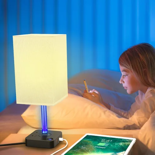 Miniatura 2 de COZOO - Lámpara de mesa y mesita de noche con control táctil de intensidad regulable de 3 vías, 3 puertos de carga USB y 2 tomas de corriente, base