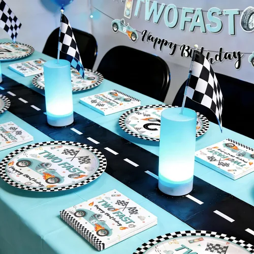 Miniatura 7 de Decoración de fiesta de 2º cumpleaños de coche de carreras para niños, dos platos y servilletas de papel desechable, dos rápidos, dos, curiosos, 2
