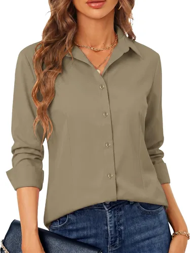 Miniatura 11 de BBIBBI Camisa de vestir elástica de manga larga con botones para mujer, blusa de trabajo casual de negocios (clásica, recortada y alta)