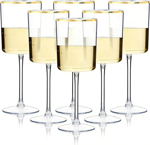 Ciaell Paquete de 12 copas de vino de plástico, copas de vino de plástico de 10 onzas con tallo - Vasos desechables con borde dorado para fiestas,