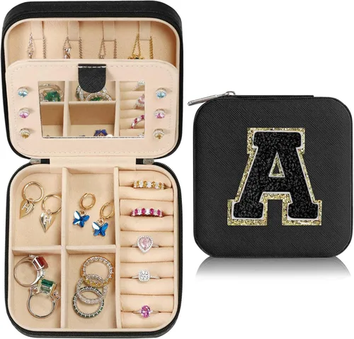 Parima Joyero de viaje para mujeres y niñas, un estuche de joyería de viaje con inicial, estuche de viaje grande para joyas, estuche de viaje grande