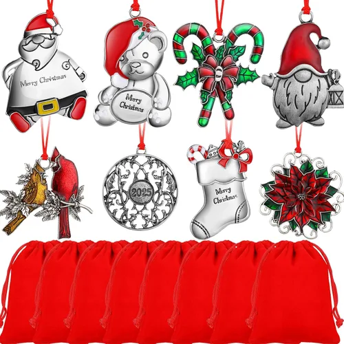Zhengmy 8 Piezas Adornos de Navidad 2025 Adorno de Árbol de Navidad de Peltre Sólido Gnomos de Metal Santa Ángel Muñeco de Nieve Manualidades