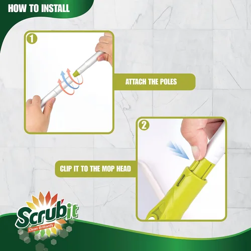 Miniatura 3 de SCRUBIT Trapeador de microfibra para todo tipo de suelos con 2 almohadillas lavables y reutilizables, altura ajustable, mango giratorio de 360