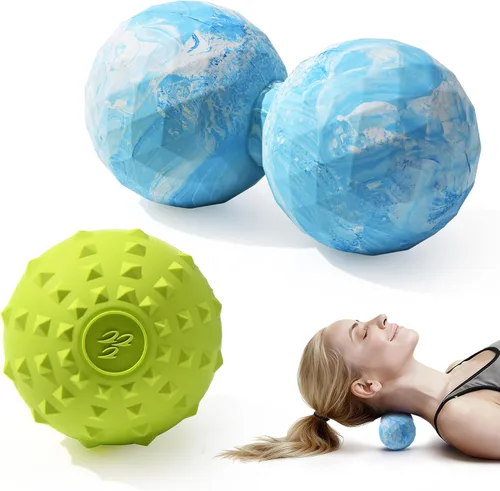 Juego de bolas de masaje Peanut & Spiky, rodillo de maní de lacrosse doble + bola firme con puntas para liberación miofascial de tejido profundo,