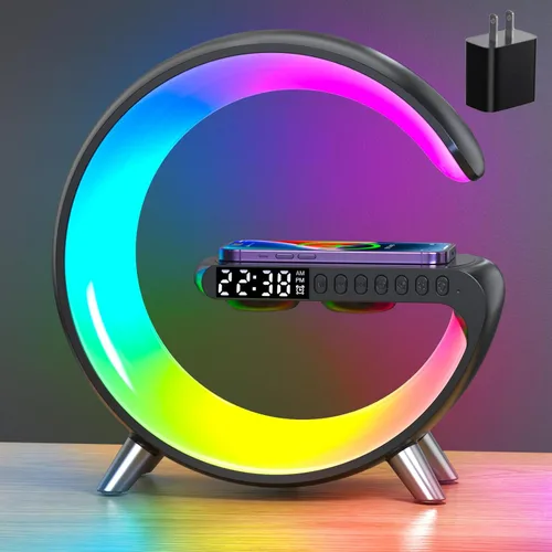 Miniatura 10 de Lámpara de mesa LED inteligente 4 en 1, reloj despertador, cargador inalámbrico, luz nocturna, altavoz Bluetooth con control de aplicación, lámpara
