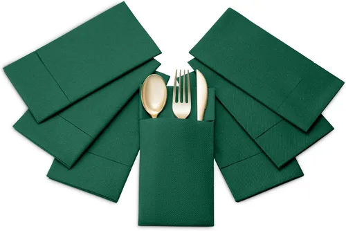 Miniatura 5 de Paquete de 50 servilletas desechables de lino con bolsillo integrado para cubiertos, tela preplegada verde como servilletas de papel para Navidad