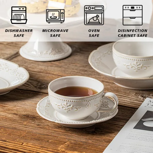Miniatura 5 de Tazas de capuchino de 6 onzas con platillos, apto para inauguración de la casa, taza de café de cerámica en relieve para Au Lait, doble shot, latte