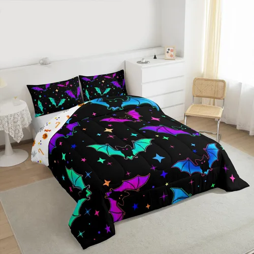 Miniatura 6 de Erosebridal Juego de ropa de cama de murciélago de Halloween, tamaño individual, juego de edredón de estrellas con purpurina y galaxia para niños