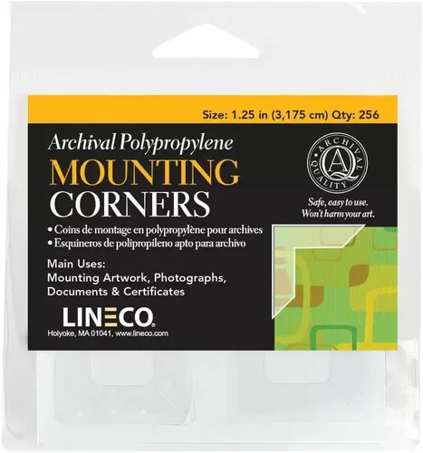 Lineco Esquinas de montaje de polipropileno de archivo, esquinas transparentes autoadhesivas, sin ácidos, 1.25 pulgadas, obras de arte de montaje,