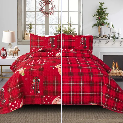 Miniatura 11 de Juego de colcha de Navidad de Smuge, tamaño king - Reversible, con diseño de alce, muñeco de nieve, árbol de Navidad, pequeña campana, rojo, verde