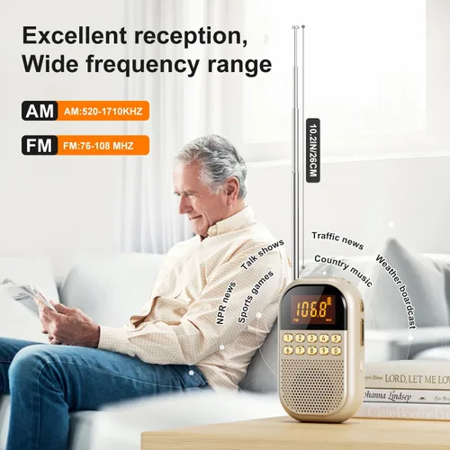 Miniatura 2 de Radio AM FM de bolsillo: radio recargable de 1100 mAh compatible con Bluetooth, mini receptor FM AM con altavoz grande, auriculares estéreo, Beige