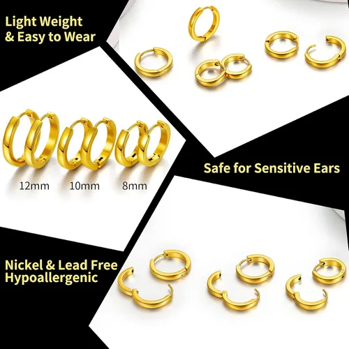 Miniatura 4 de ChainsHouse Juego de aretes de aro de acero inoxidable quirúrgico hipoalergénico, chapado en oro de 18 quilates, 0.276in, 0.315in, 0.354in, 0.472in