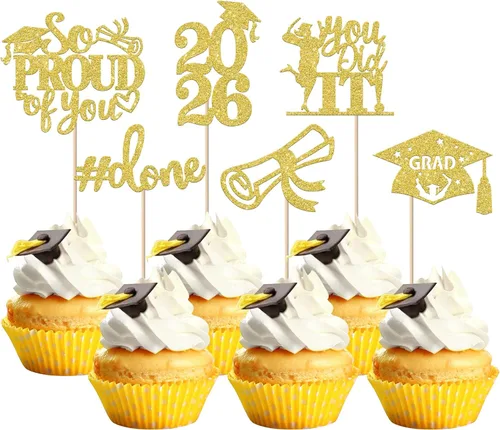 Miniatura 11 de Paquete de 24 adornos para cupcakes de clase 2025 con purpurina 2025 para diploma de graduación 2025 para cupcakes temáticos de graduación 2025