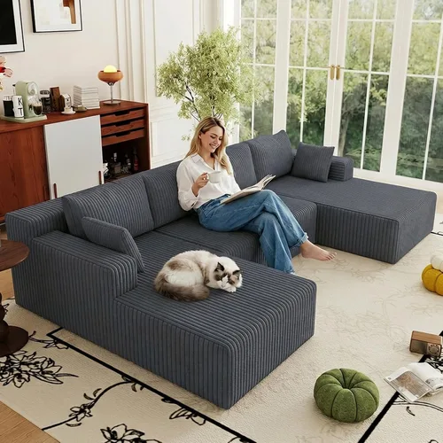 Miniatura 40 de Sofá modular Cloud de 95 pulgadas con otomana, moderno sofá nube en forma de U con asiento profundo, cómodo sofá de pana de 3 plazas, sofá de espuma