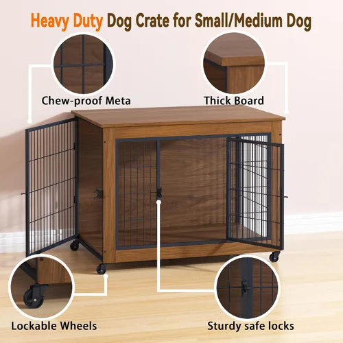 Miniatura 5 de Mueble de jaula para perros de 38.6 pulgadas con ruedas, mesa de madera resistente para perrera, jaula para mascotas de interior con 2 puertas, caja