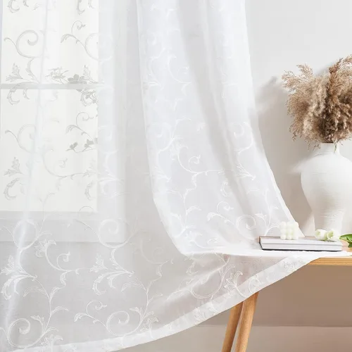 Cortinas traslúcidas blancas bordadas florales de 63 pulgadas, cortinas de gasa con bolsillo para barra para sala de estar, dormitorio, paneles de