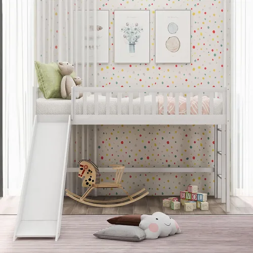 Cama baja tipo loft de tamaño individual con escalera y tobogán, escalera y pizarra, para sala de estar, dormitorio, para niños, niñas,