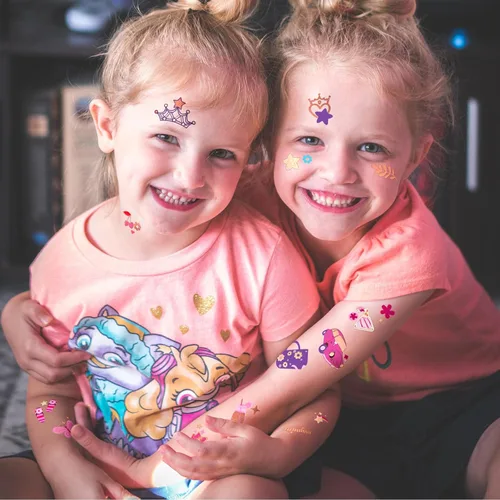 Miniatura 4 de Tatuajes Temporales Impermeables - 128 piezas de Tatuajes Falsos Groovy para Fiestas de Cumpleaños de Niñas, Princesas, Bolso Arcoíris, Zapatos