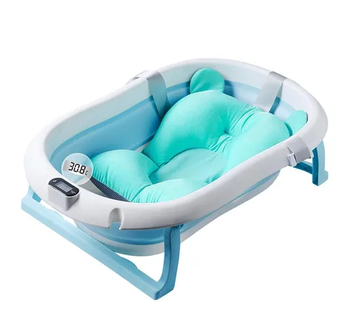 Bañera plegable para bebé con alfombrilla de baño suave y pantalla de temperatura del agua en tiempo real, color azul