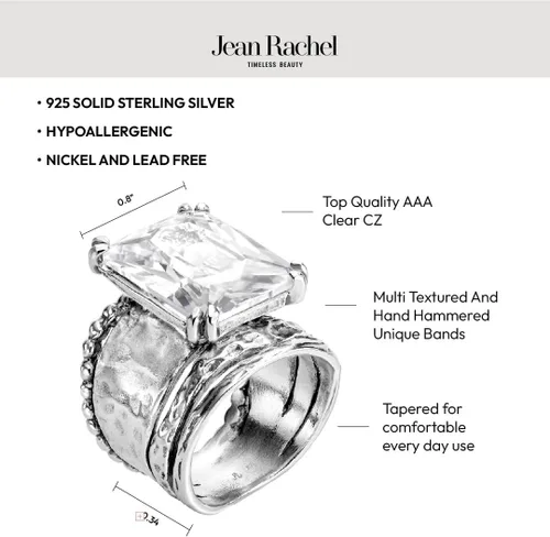 Miniatura 5 de JEAN RACHEL JEWELRY Anillo de plata de ley 925, diseño vintage martillado con circonita cúbica en forma de octágono, hipoalergénico, sin plomo ni