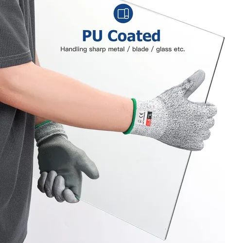 Miniatura 5 de Guantes de trabajo resistentes a cortes de ZWZX, Nivel de corte A5, guantes recubiertos de poliuretano, manos antideslizantes, 2 pares