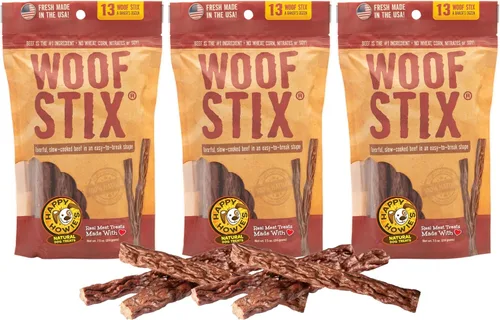 Happy Howie's Woof Stix - Golosinas saludables para perros, sabrosas palitos de carne cocida lentamente, ingredientes naturales, sin hormonas, carne