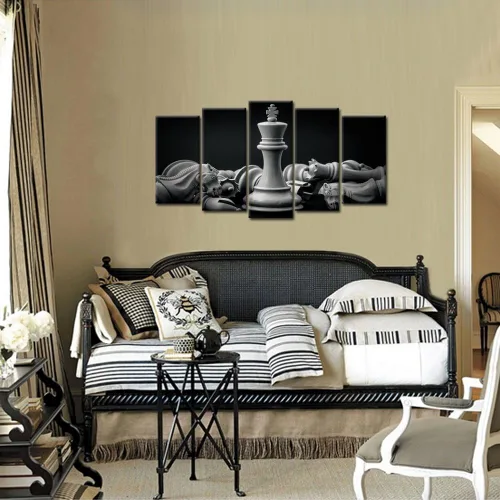 Miniatura 2 de Kreative Arts - Pintura de pared de rey y caballero de ajedrez blanco y blanco en lienzo, 5 piezas, impresiones artísticas, póster, obras de arte