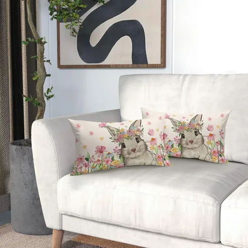 Miniatura 6 de Juego de 2 fundas de almohada de primavera de 12 x 20 pulgadas, diseño floral de conejo, conejo, floral, decorativas, lumbar, para sofá o cama