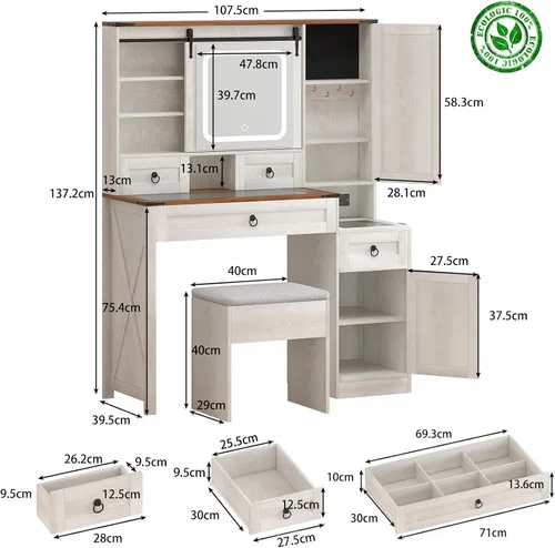 Miniatura 7 de Farmhouse Makeup Vanity Desk with Sliding Mirror and Lights, 42 Wood Vanity Table Set with Glass Top, Power Outlets, Jewelry Storage Cabinet, 4