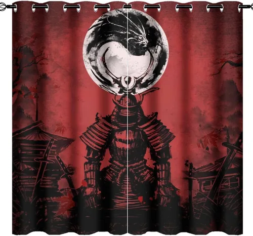Miniatura 28 de Cortinas opacas abstractas japonesas samuráis para dormitorio, caballo samurái rústico, rojo, ojal, aislamiento térmico, cortinas de oscurecimiento