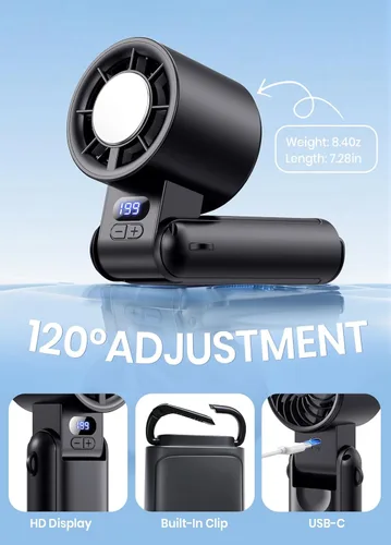 Miniatura 7 de Ventilador turbo portátil de mano, 1-199 velocidades ajustables con pantalla LED, motor de alta potencia, batería recargable, mini ventiladores