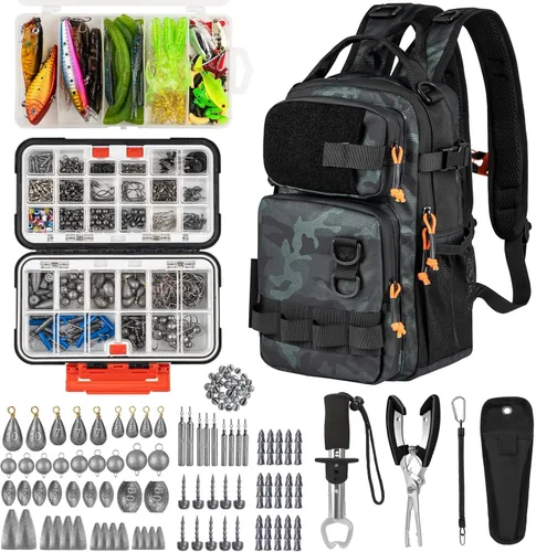 Miniatura 8 de THKFISH Mochila de pesca con soporte para caña, kit de herramientas de pesca, bolsa resistente al agua con kit de señuelos de pesca, caja