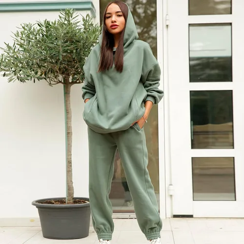 Miniatura 2 de Chándal para mujer, para otoño, invierno, casual, de gran tamaño, liso, básico, pantalones elásticos, sudadera deportiva con capucha, Blanco