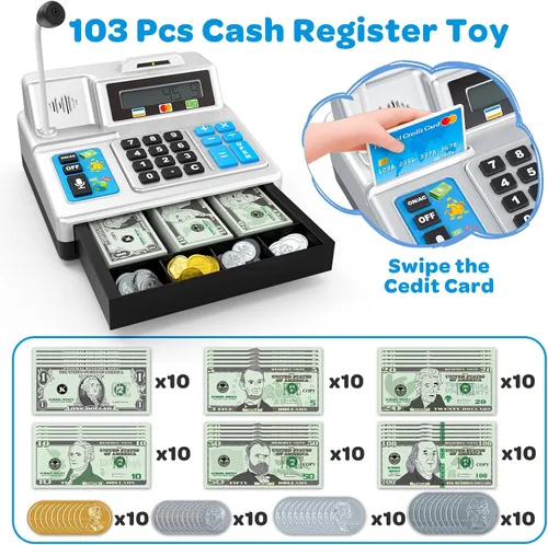 Miniatura 2 de Calculadora de caja registradora – Caja registradora de juguete de 103 piezas, juego de tienda con micrófono, tarjeta de crédito y banco para niños