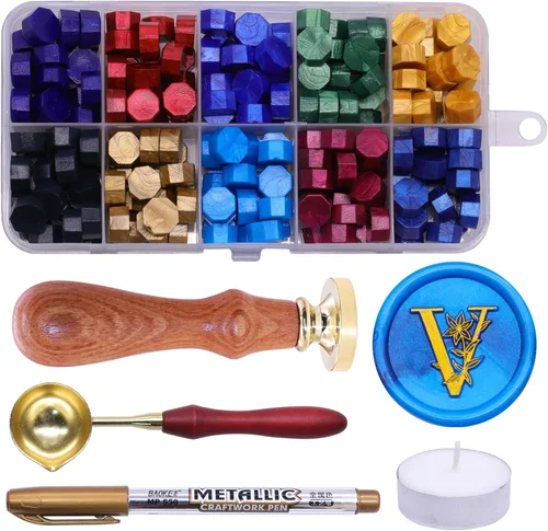 Miniatura 14 de SWANGSA Kit de sello de cera con letra inicial del alfabeto A, elegante sello de sellado de letras florales botánicas con 200 cuentas de cera