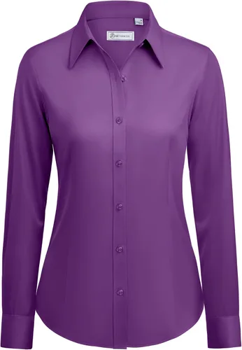 Miniatura 16 de siliteelon Camisas con botones para mujer: camisa de vestir de manga larga sin arrugas, ajuste clásico, con cuello, color sólido, formal