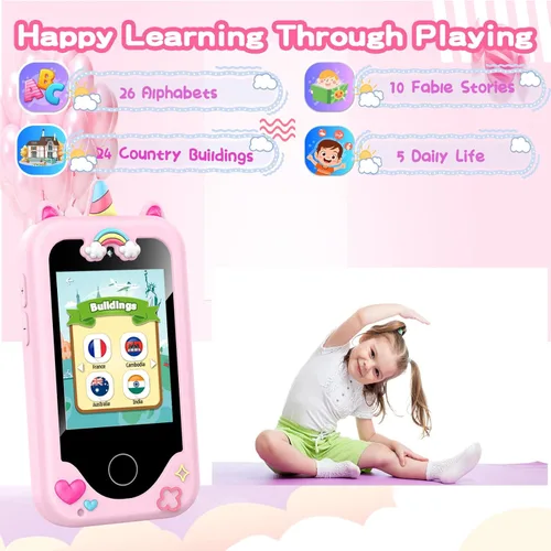 Miniatura 4 de WEOLULI Teléfono inteligente para niños con doble cámara, reproductor de juegos y música, teléfono celular de juguete de aprendizaje para niños