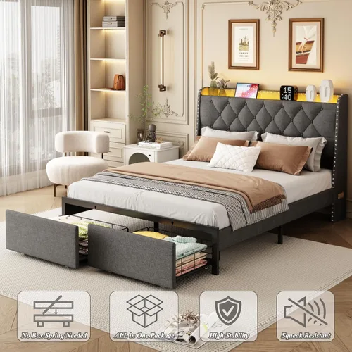 Miniatura 7 de Base de cama tamaño queen con cabecera de almacenamiento y 2 cajones, base de cama tapizada de lino con luces LED y estación de carga, no necesita