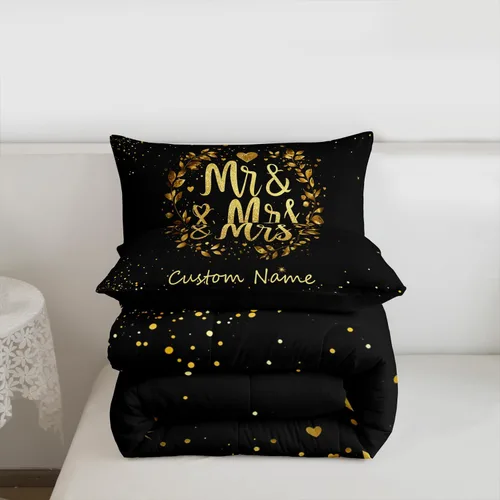 Miniatura 7 de Juego de ropa de cama personalizado con lentejuelas negras y doradas, tamaño individual, edredón de corazón dorado con purpurina para mujeres