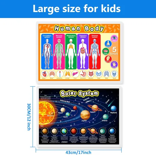 Miniatura 3 de Pósteres Educativos de Aprendizaje para Niños y Niños Pequeños Póster del Sistema Solar, Mapa Mundial, Mapa de EE.UU., Cuerpo Humano para Preescolar
