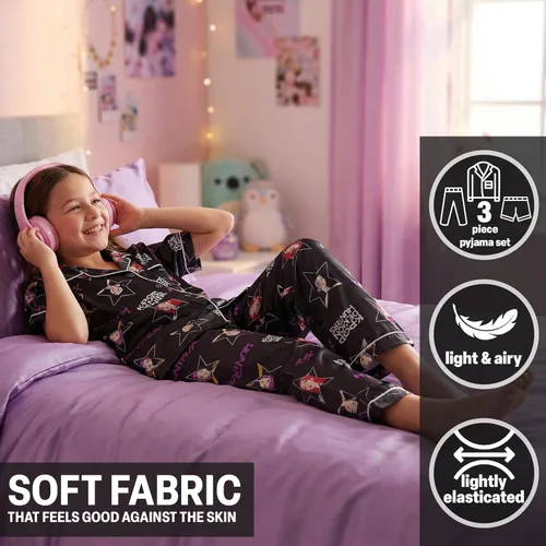 Miniatura 2 de Get Trend KPop Demon Hunters - Pijamas para niñas, con licencia oficial, conjunto de pijama Huntrix de 3 piezas con pantalones y pantalones cortos