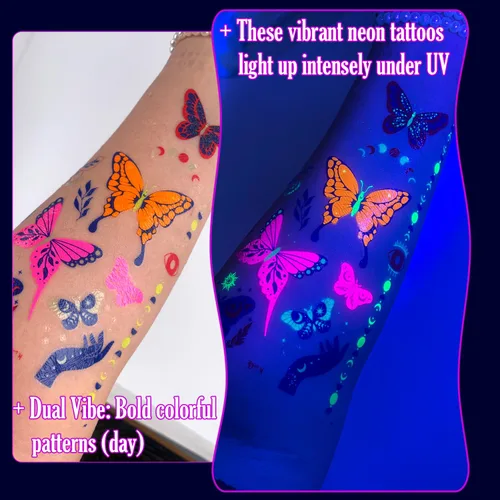 Miniatura 3 de Tatuajes temporales de neón UV, 12 hojas de tatuajes de fiesta que brillan en la oscuridad para adultos y niñas, patrones de doble vibración
