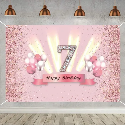 Decoraciones de feliz cumpleaños 7 para niñas, pancarta de fondo, decoración de fiesta, póster de tela de aniversario, fondo de foto rosa,