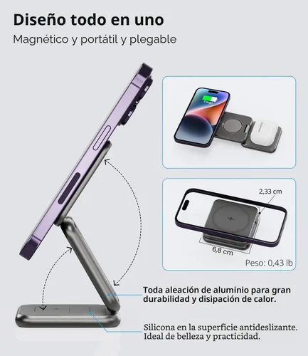 Miniatura 7 de Cargador inalámbrico magnético plegable, estación de carga 3 en 1 de aleación de aluminio KU XIU X40 para Apple, soporte de cargador magnético Gris